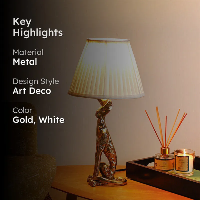 Styled room shot of the gold and white table lamp with text overlay