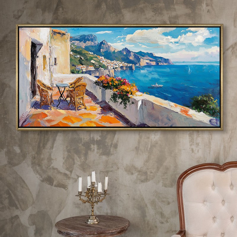 Terrace of Blue Canvas Wall Painting With Frame