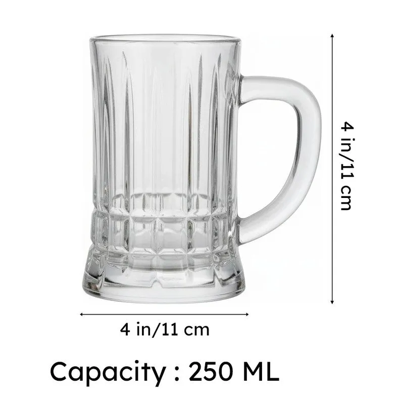Clear ribbed beer mug shown with 250 ml capacity and dimension markers.