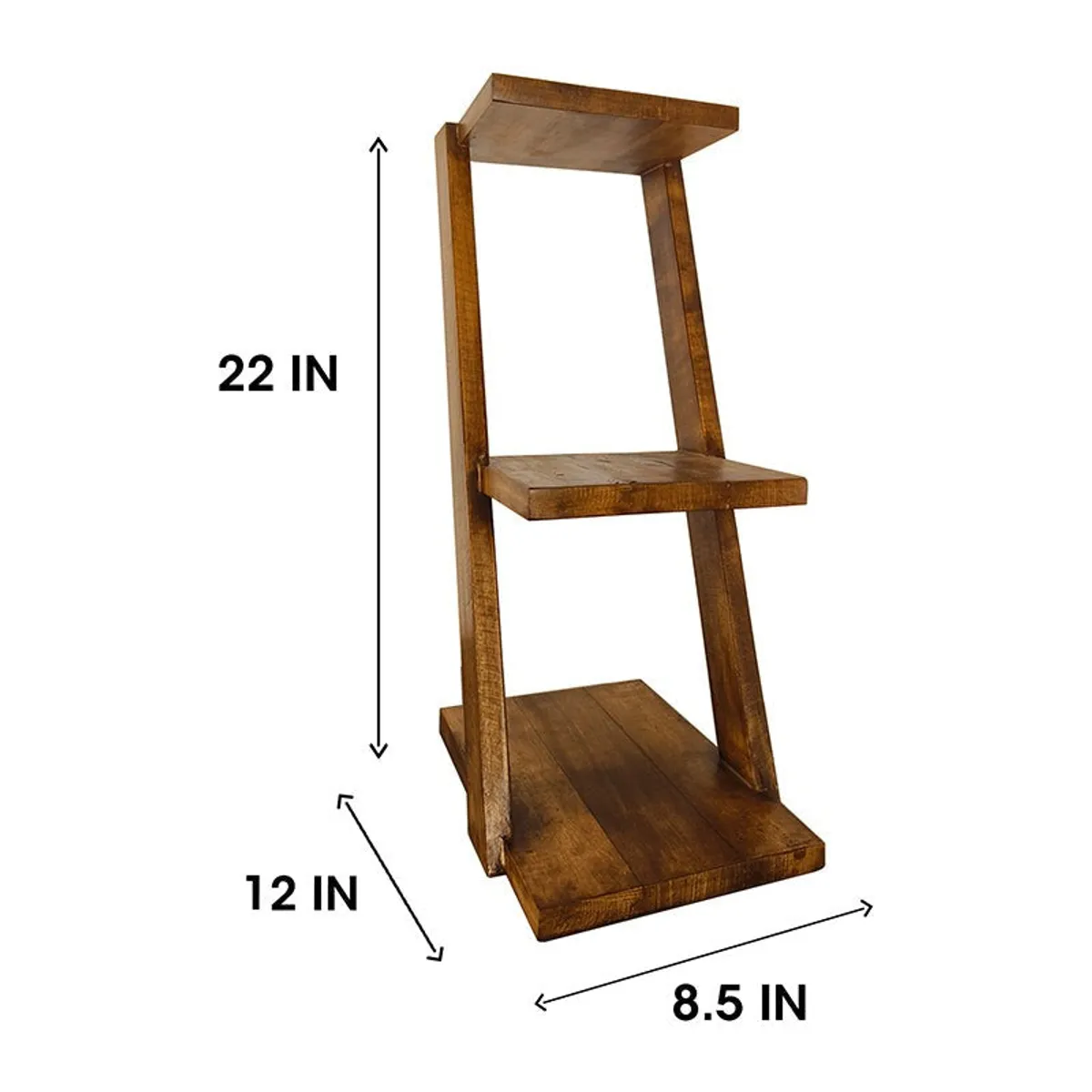 Brown three-tier wooden rack on white background with size arrows