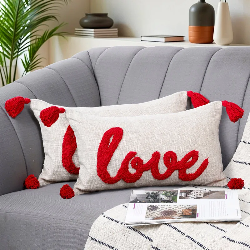 Love Tassle Tufted Cushion Cover Set (Red) - Set Of Two media 1