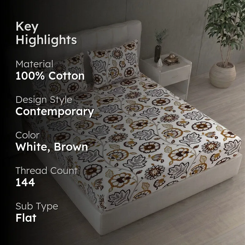 Slumba Printed Pure Cotton Bedsheet (White,Brown) - 144 TC - 2