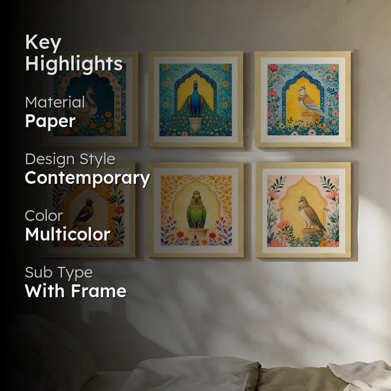 Ornate Garden Birds Paper Wall Painting With Frame - Set Of Six media 2