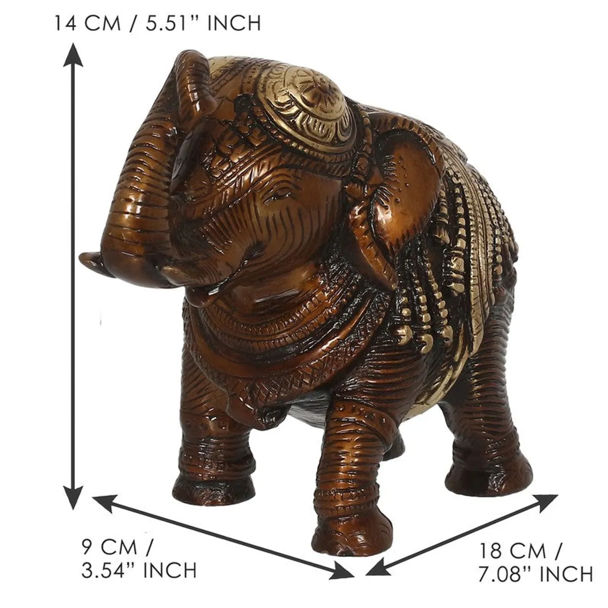 Brown and gold elephant showpiece shown with dimension arrows