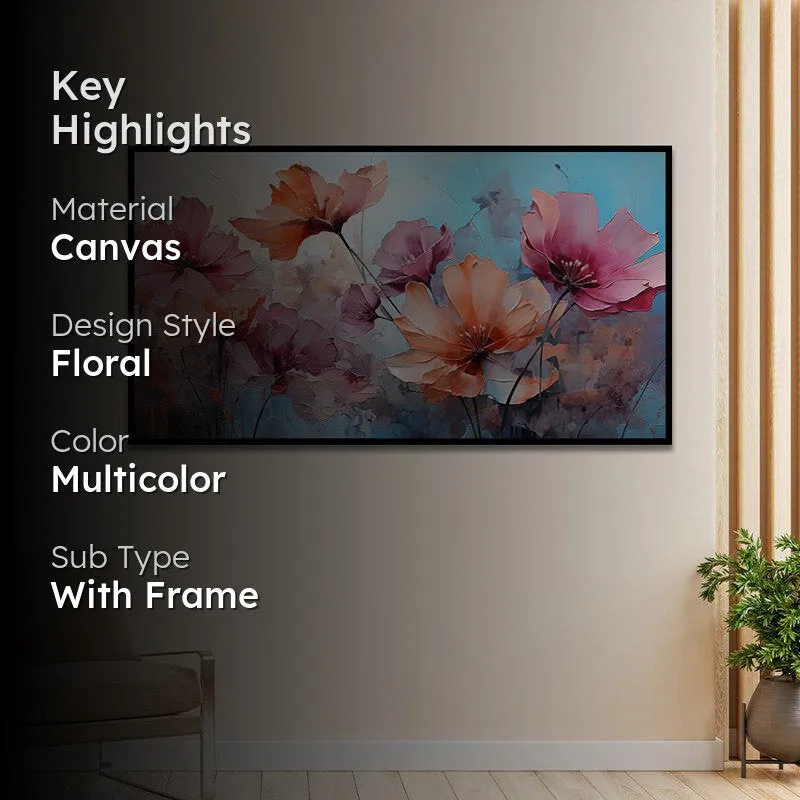 Blushing Petals In Blue Floral Canvas Wall Painting With Frame - Black media 2