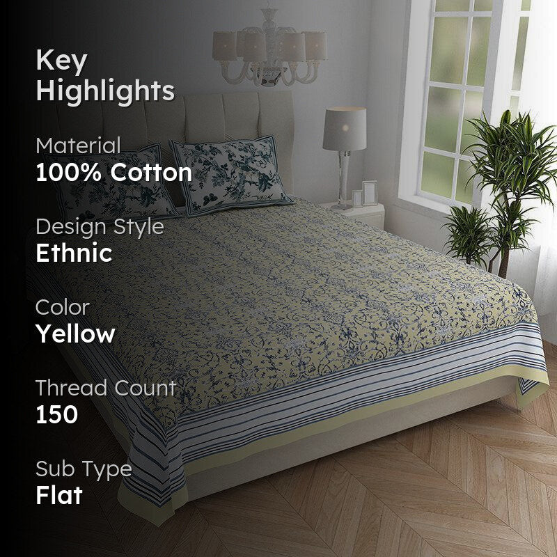 Avani Aura Floral Cotton Bedsheet (Yellow) - 150 TC media 2
