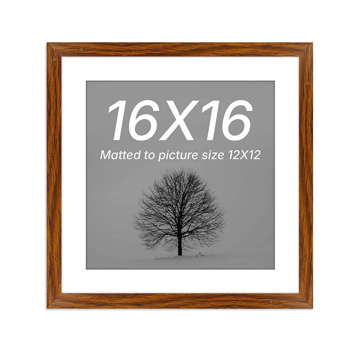 Brown wooden square photo frame with a white mat and black and white tree image.