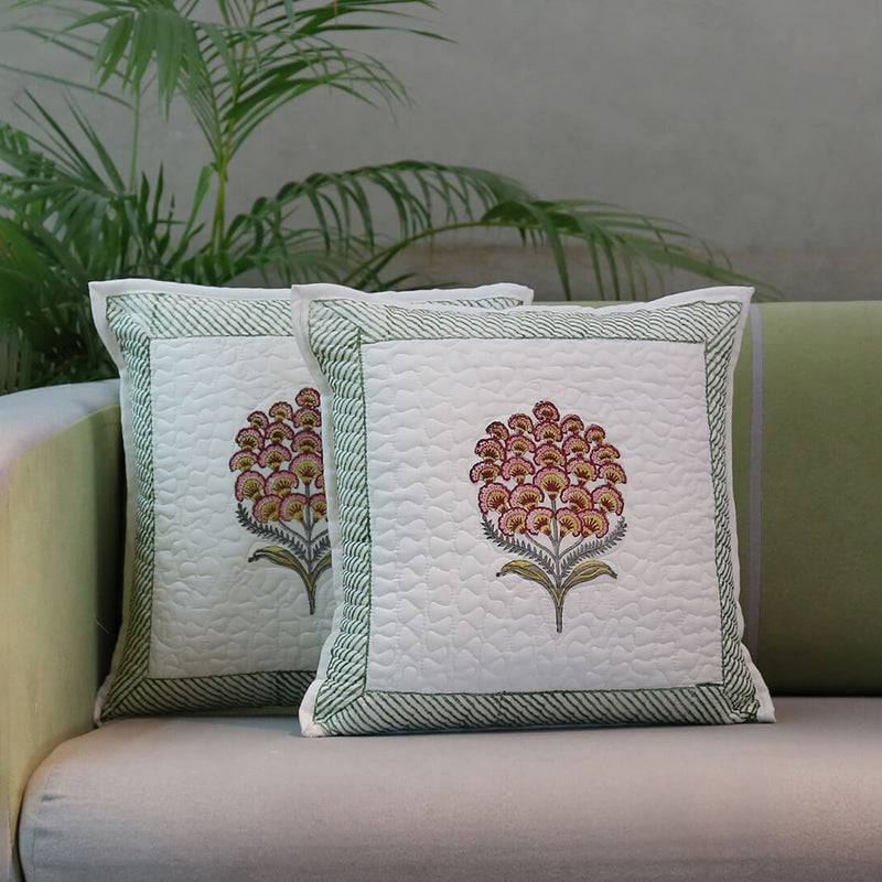India Circus Fleur Haven Printed Cotton Cushion Cover (White & Green)- Set Of Two media 3