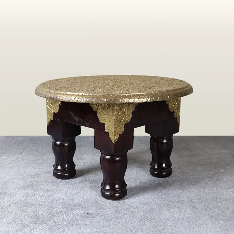 Gilded Blooms Brass Fitted Ethnic Mango Wood & MDF Stool media 5