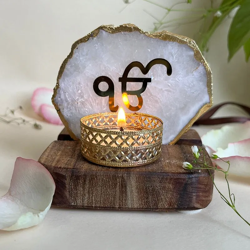 Ik Onkar Handcrafted Agate Religious Accent With Tealight Candle Holder - White media 5