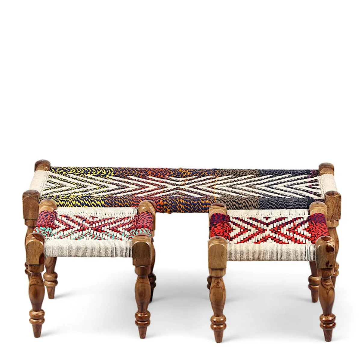 Front view of a multicolour bench and two matching stools