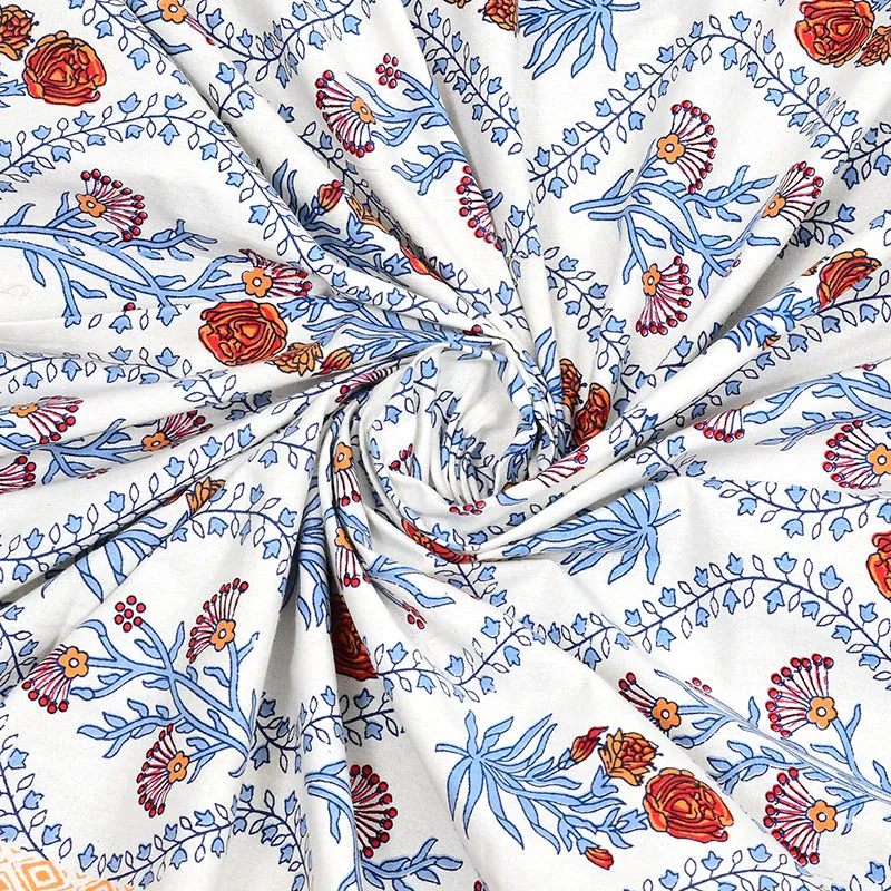 Ethnik Blooms Cotton Bedsheet (Peach, Blue) - 144 TC media 5