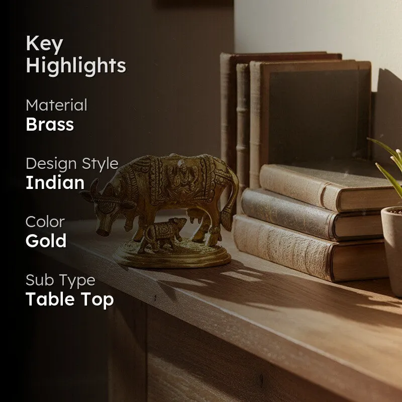Kamadhenu Cow and Calf Brass Showpiece - Gold media 2
