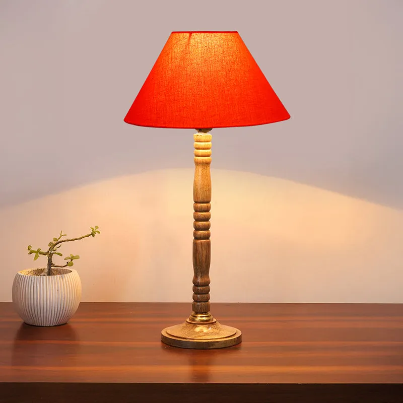 Glow Mesa Table Lamp With Carved Wooden Base - Orange,Brown media 1