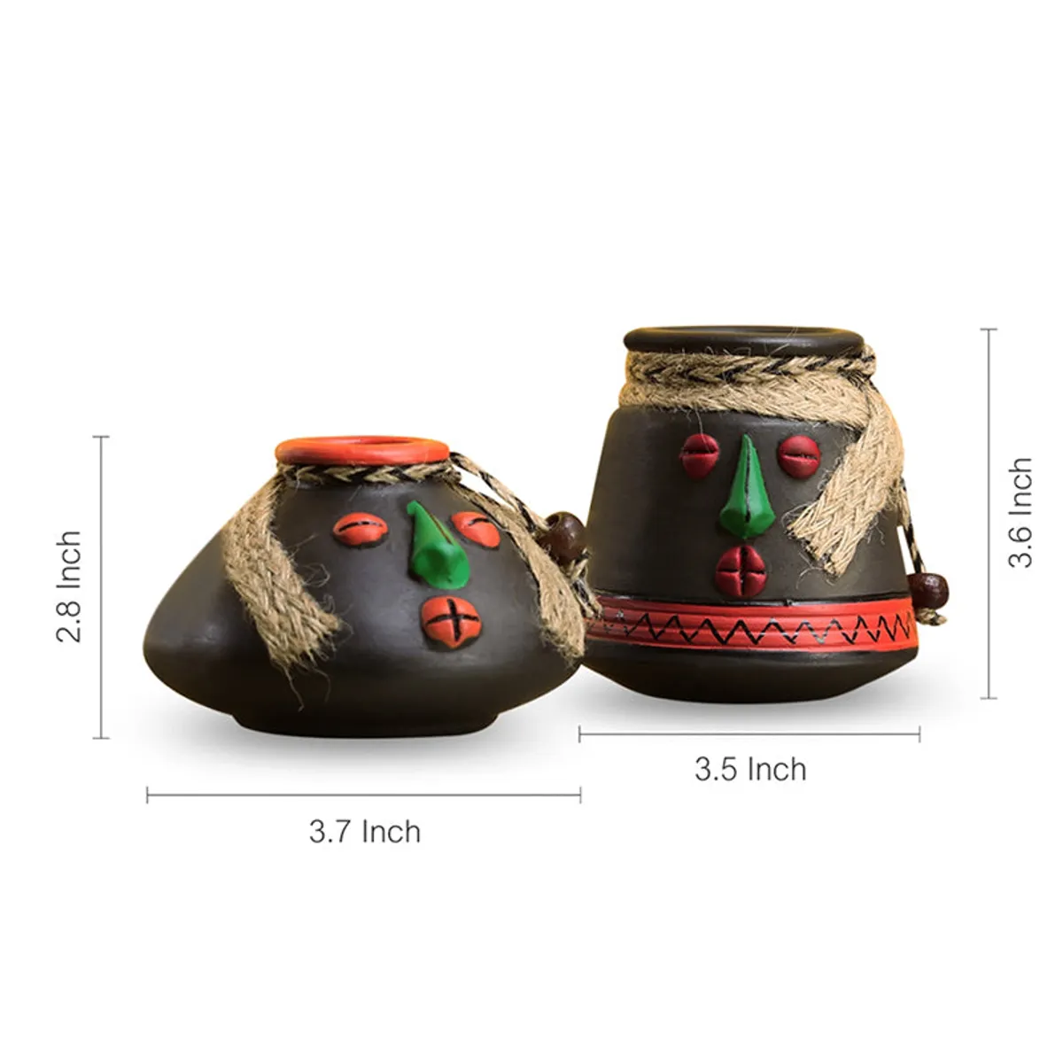 Two black face vases shown side by side with size markings