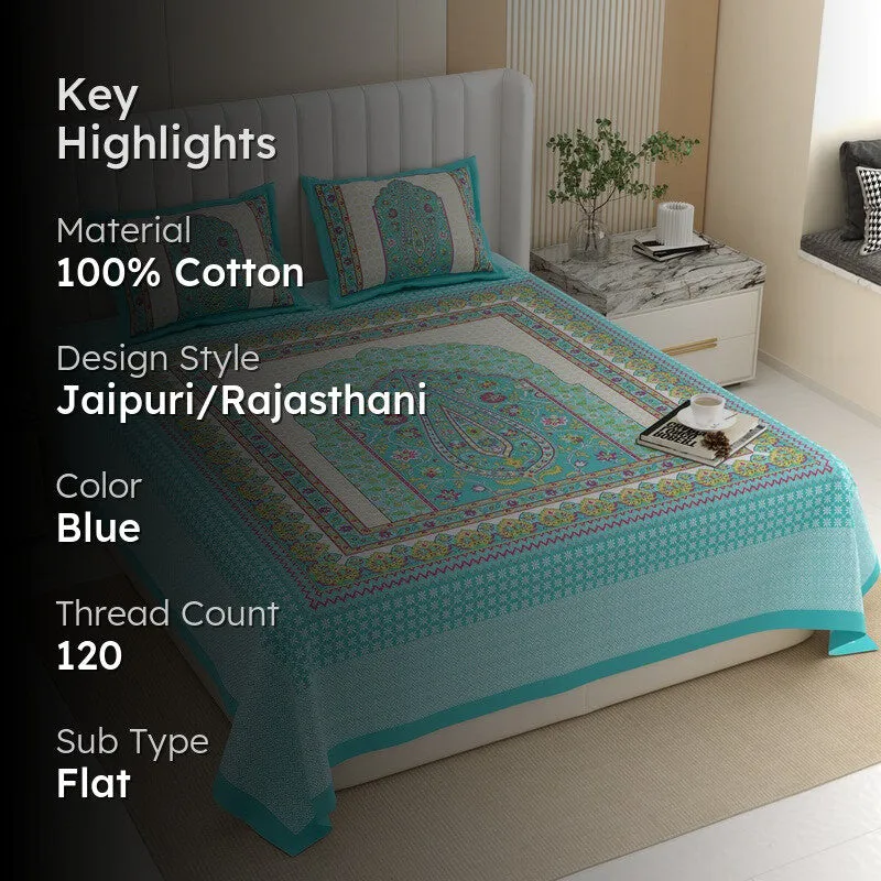 Ethnic Bloomy Cotton Bedsheet (Blue) - 120 TC media 2