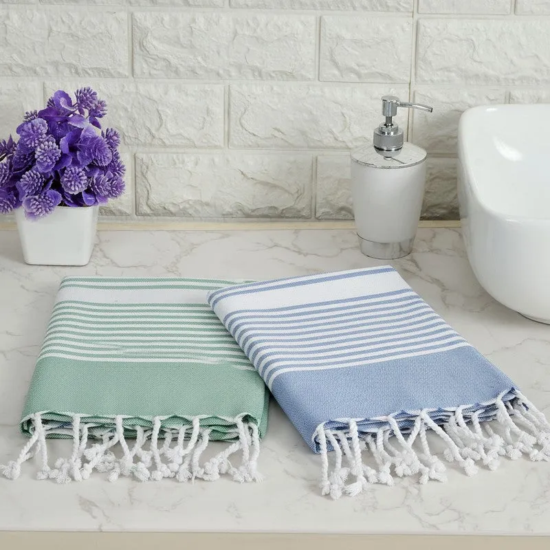 Loomera Striped Cotton Bath Towels (Dark Blue & Green) - Set Of Two media 1
