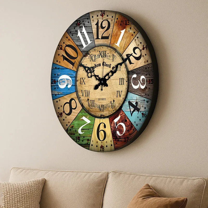 Angled view of the rustic multicolour wall clock above a sofa