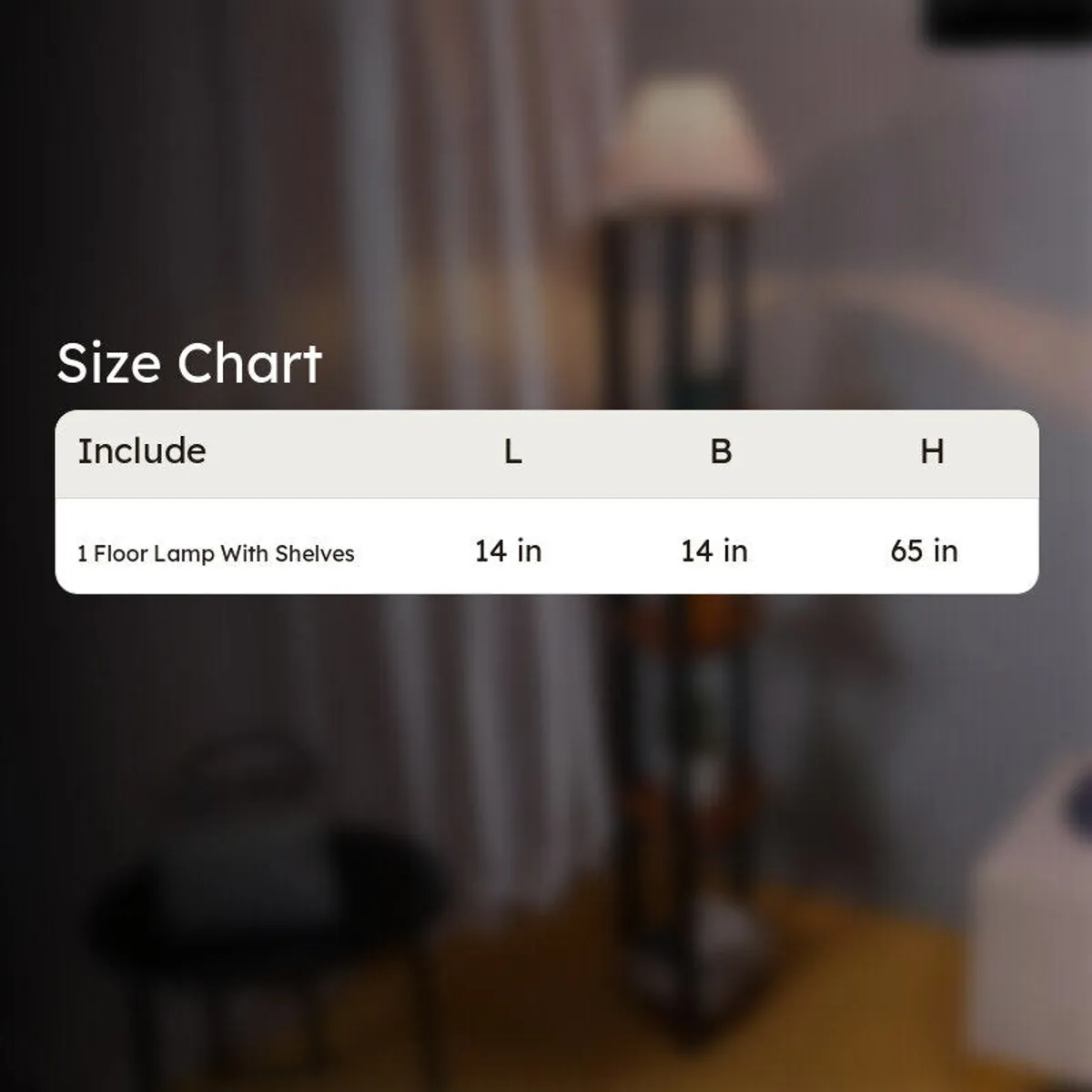 Size chart graphic for floor lamp with shelves
