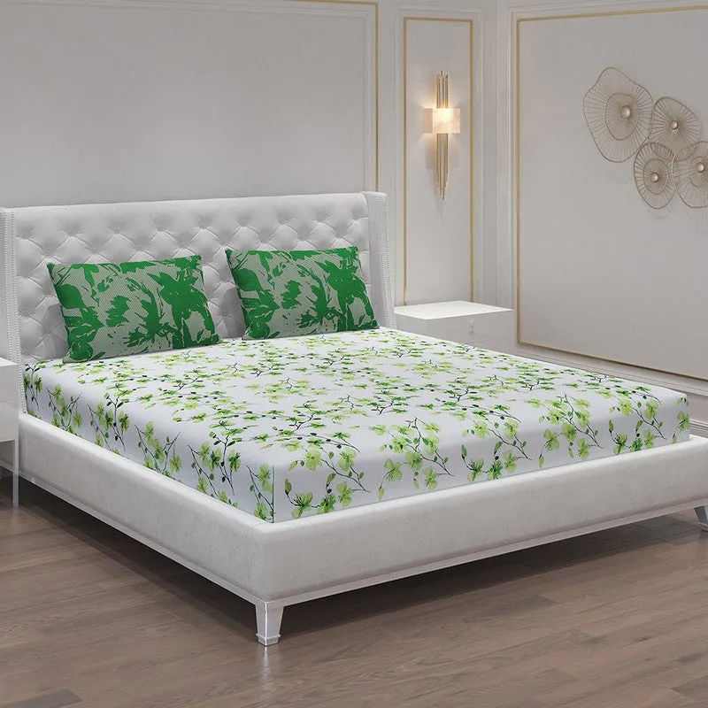 Monte Carlo Floraline Cotton Bedsheet (White,Green) - 104 TC media 1
