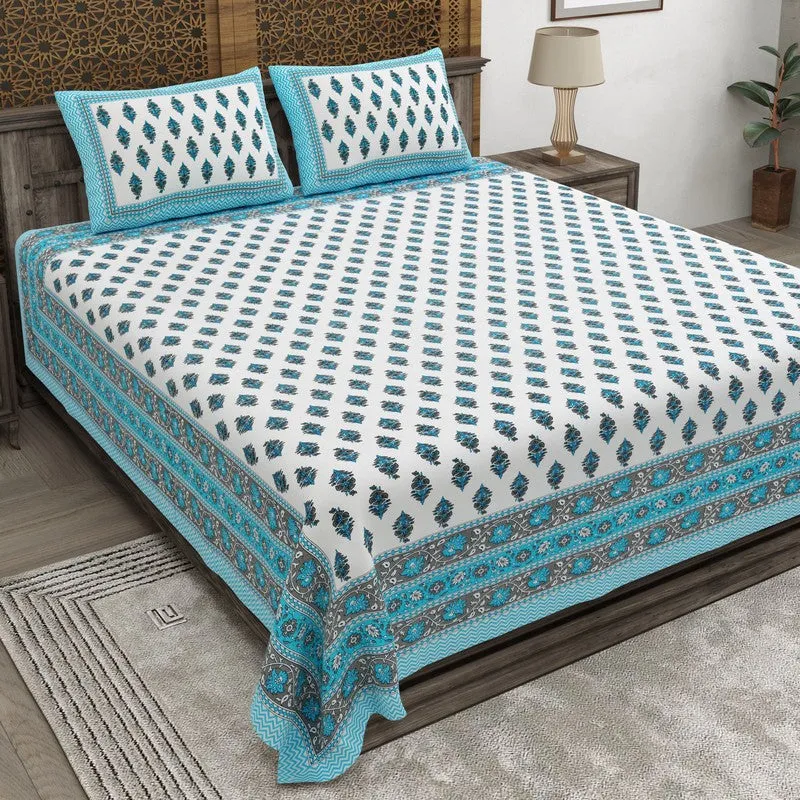 Bloomza Cotton Bedsheet (Teal,White) - 240 TC media 1