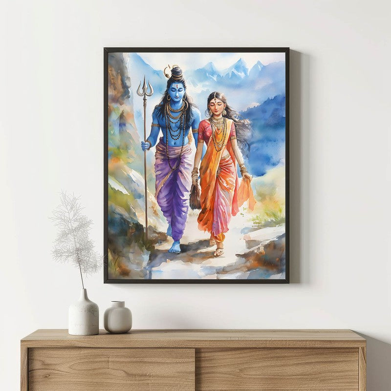 Uma Maheshwara Spiritual Archival Paper Wall Painting With Frame - Black