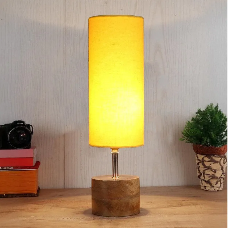 Rustic Wood & Fabric Table Lamp - Yellow,Brown media 1