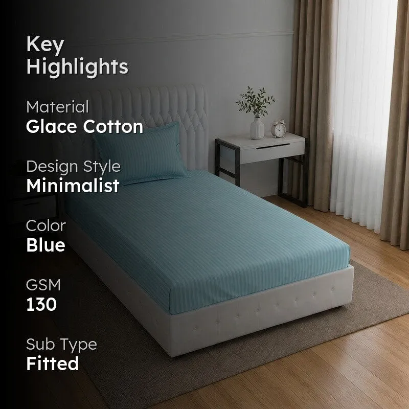 StripeScape Glace Cotton Fitted Bedsheet (Sky Blue) - 130 GSM - 2