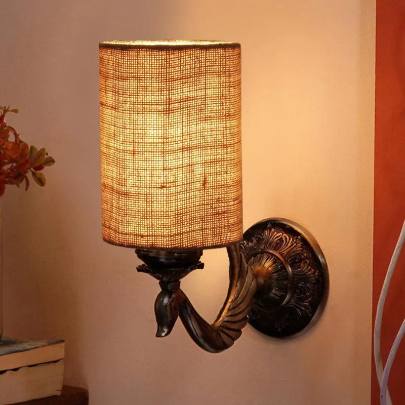 Amro Retro Cylindrical Fabric & Metal Wall Lamp - Beige media 1