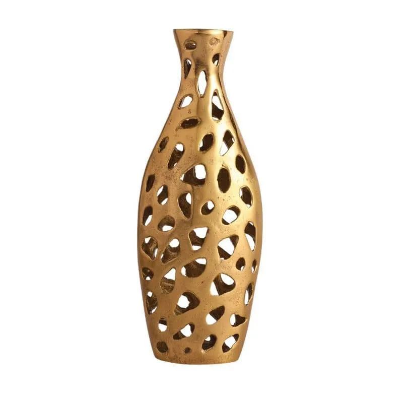 Angled view of a gold openwork vase
