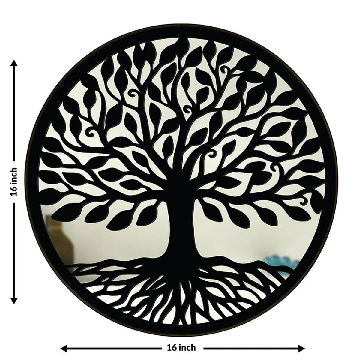 Round black tree motif wall mirror with 16 inch dimensions shown