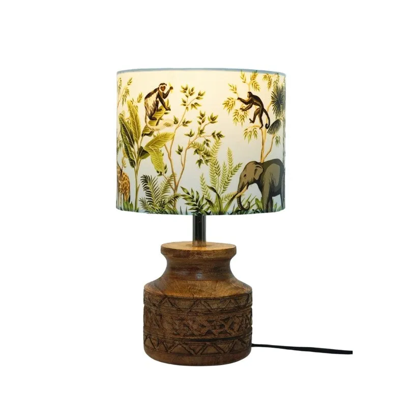 Front view of multicolour table lamp with carved wooden base