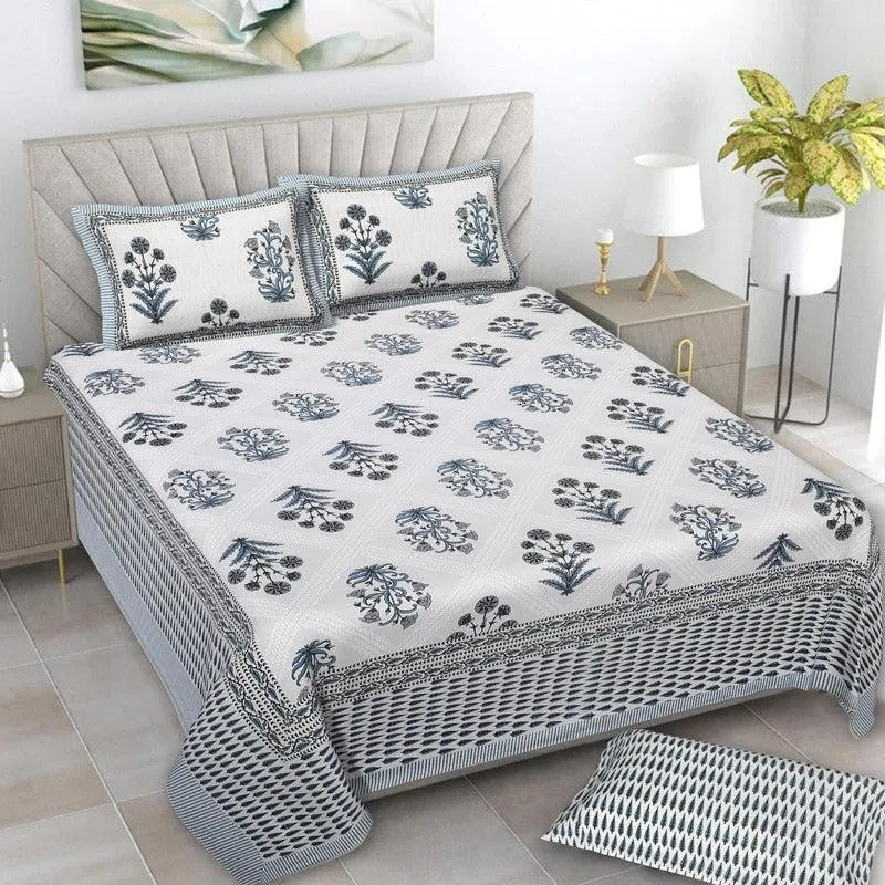 Brynn Floral Cotton Bedsheet (Blue) - 160 TC media 1