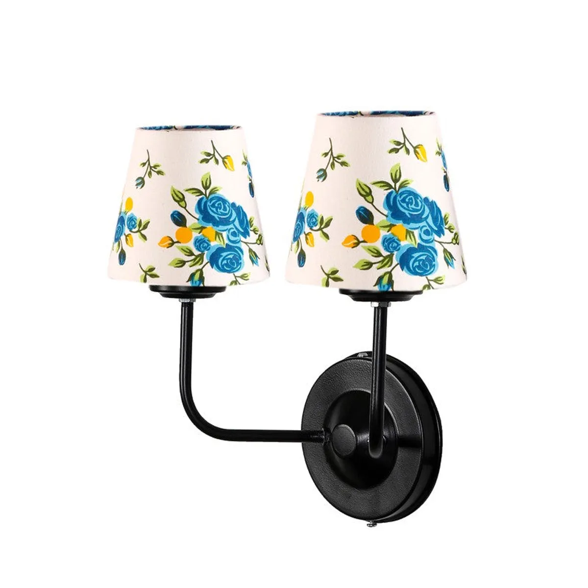 Angled view of twin wall lamp with white shades and black iron mount