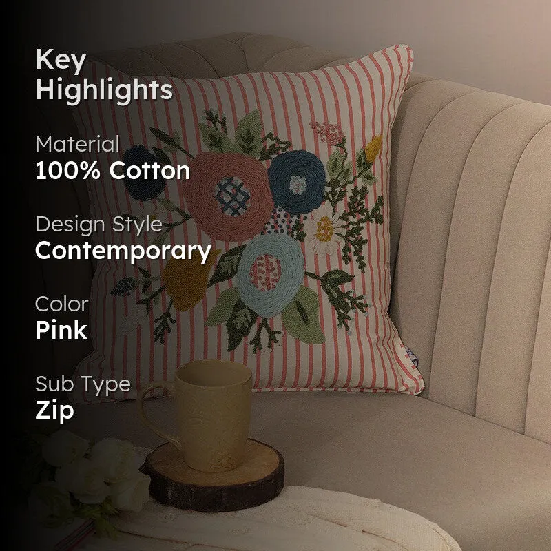 Blush Bloom Embroidered Cotton Cushion Cover media 2