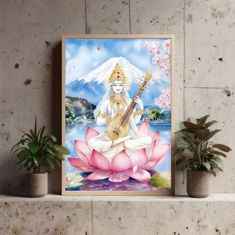 Padmasana Saraswati Spiritual Archival Paper Wall Painting - Natural Brown Frame media 3