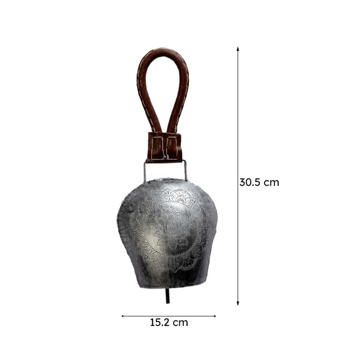 Silver bell-shaped hanging ornament shown with visible height and width proportions.