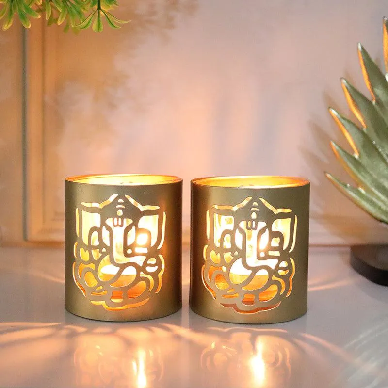 Ganesha Chaitanya Tealight Candle Holder (Gold) - Set Of Two media 1