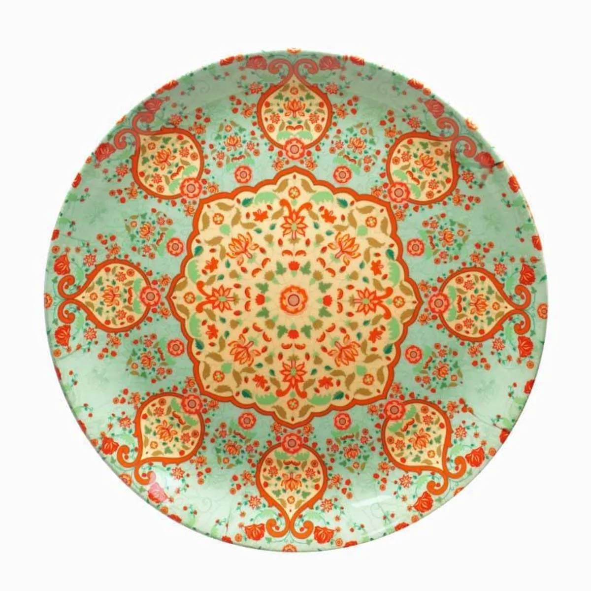 Front view of round decorative plate with intricate mandala motif