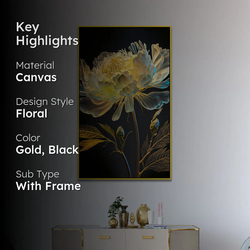 Midnight Flora Luminosa Floral Canvas Wall Painting With Frame - Gold media 2