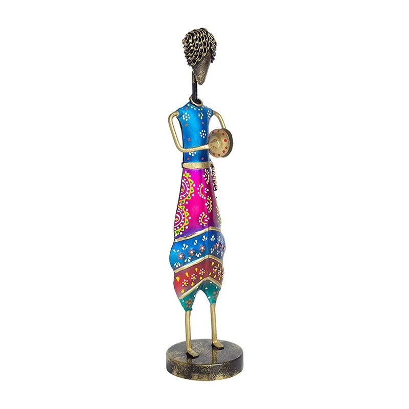 Folk Lady Dholak Player Iron Showpiece - Blue media 4