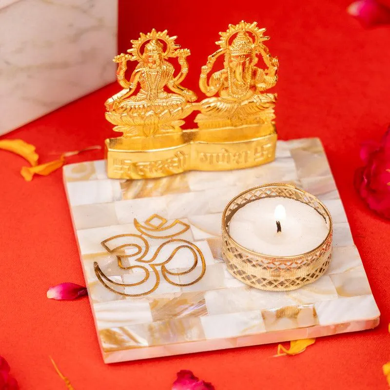 Laxmi Ganesha Om Mother of Pearl Tealight Candle Holder media 1