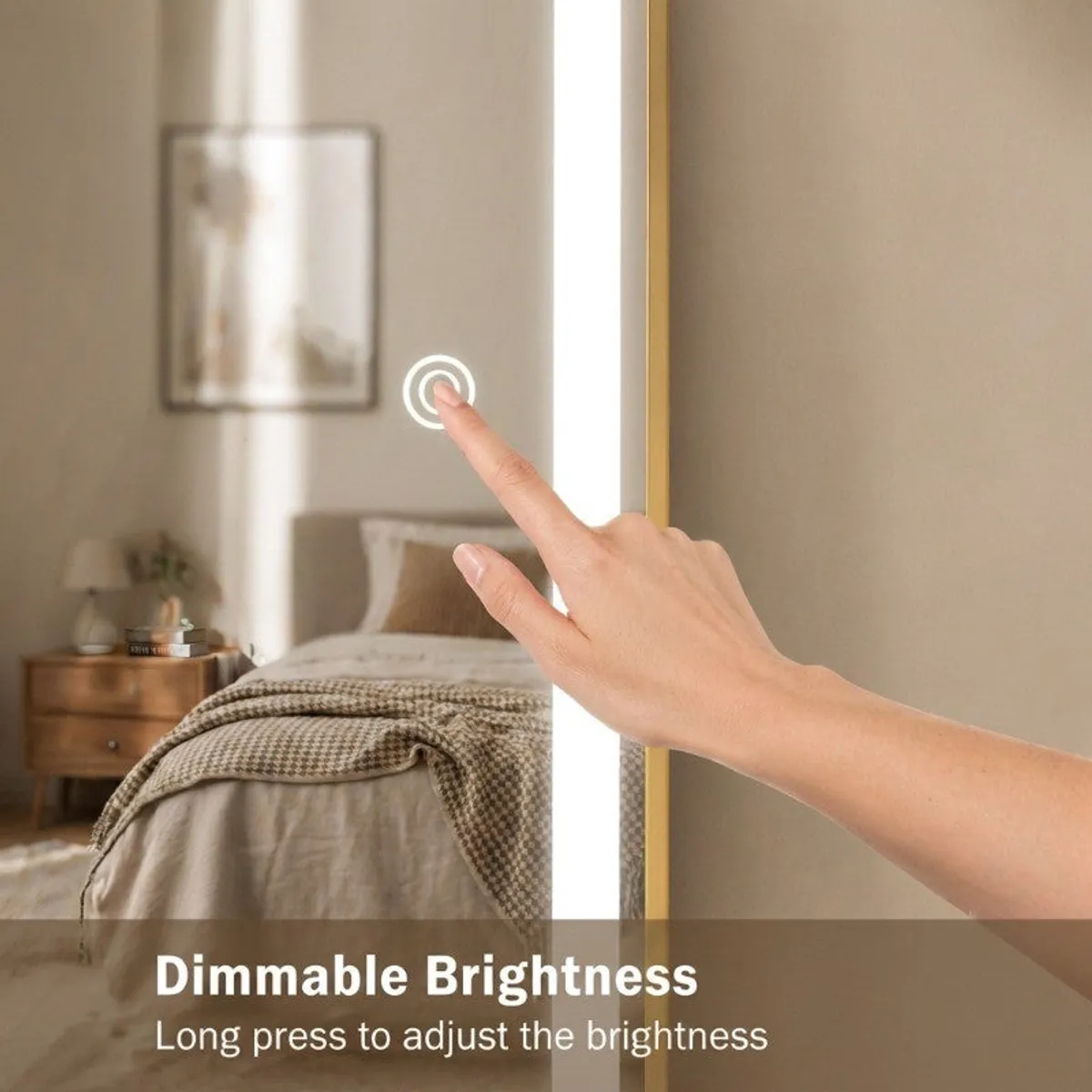Close-up of a hand using the mirror's touch sensor for dimmable brightness
