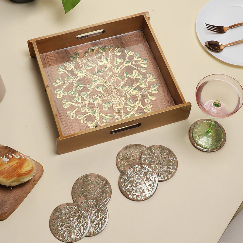 Sona Patta Wooden Serving Tray With Coaster - Seven Piece Set