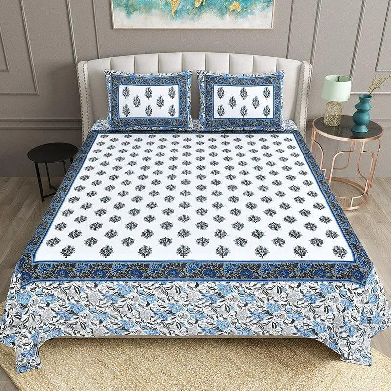 Bhasma Floral Cotton Bedsheet (Blue,White) - 200 TC media 1
