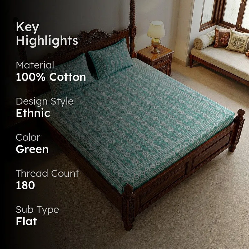 Keira Ethnic Cotton Bedsheet (Green) - 180 TC media 2