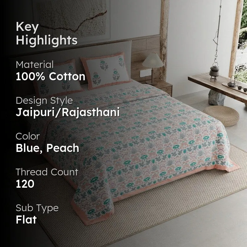 Rang Harmony Cotton Bedsheet (Blue,Peach) - 120 TC media 2