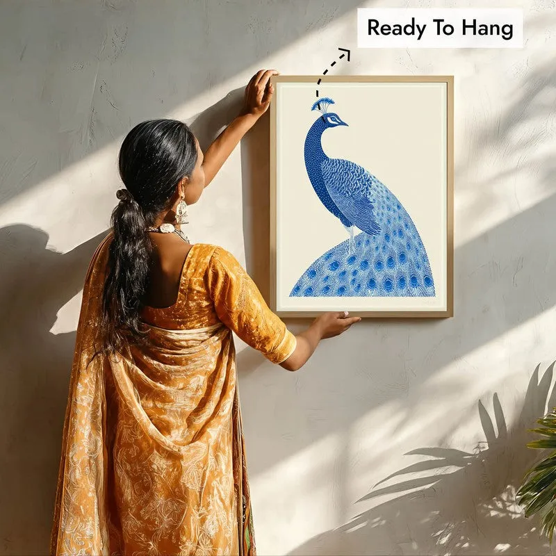 Royal Blue Peacock Canvas Wall Painting With Brown Frame media 9