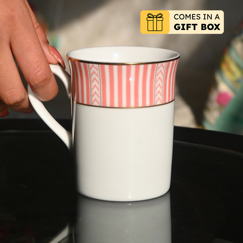 Stripe Classic 24k Gold Brushed Porcelain Coffee Mug (Pink/300 mL Each) - Set Of Four
