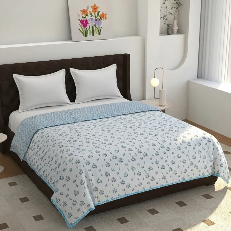 Mini Petals Reversible Cotton Dohar (Blue,White) - 120 GSM media 1